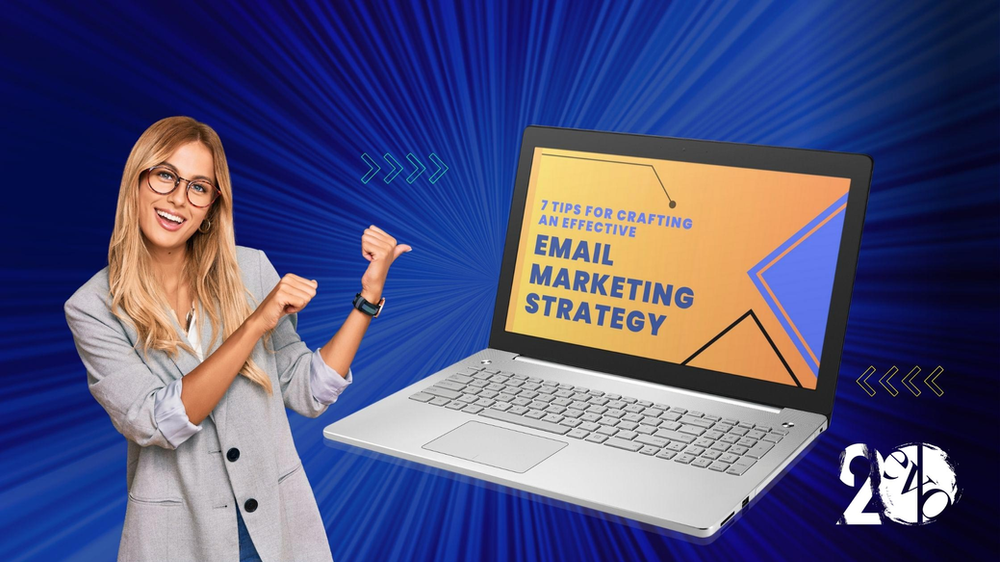 A woman pointing to a laptop with the words Email Marketing Strategy